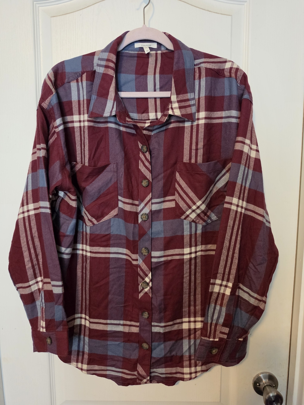 Maurices Plaid Button-Down Shirt - Burgundy, Blue & White